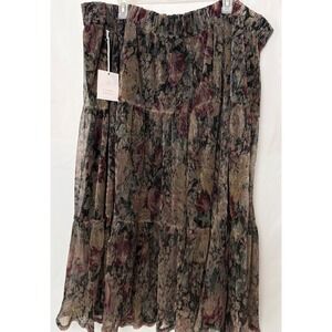 NWT Lauren Conrad Tiered Floral Metallic Print Pleated Midi Skirt 3X Boho Flowy